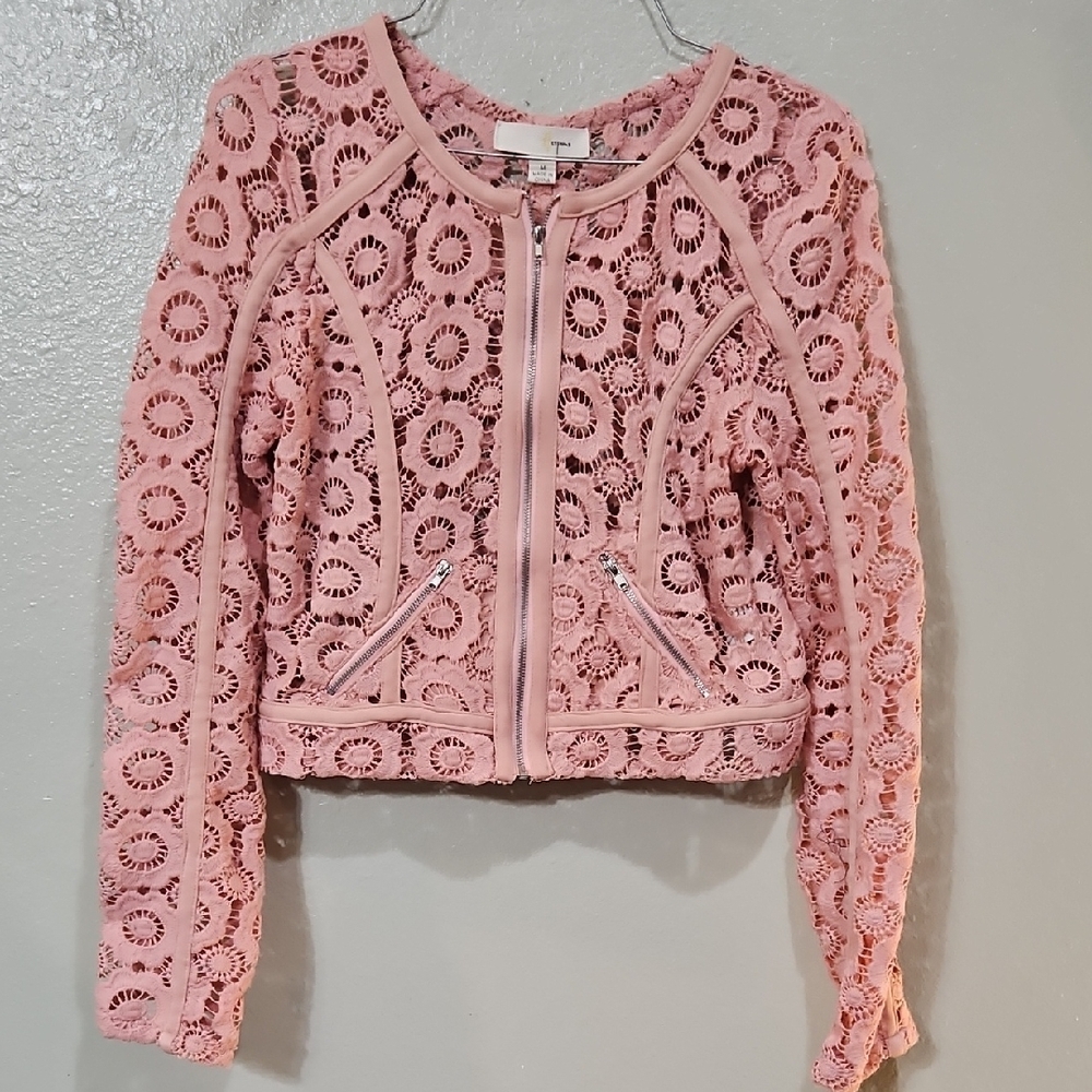 Pink Floral Lace Blazer with Zipper Closure